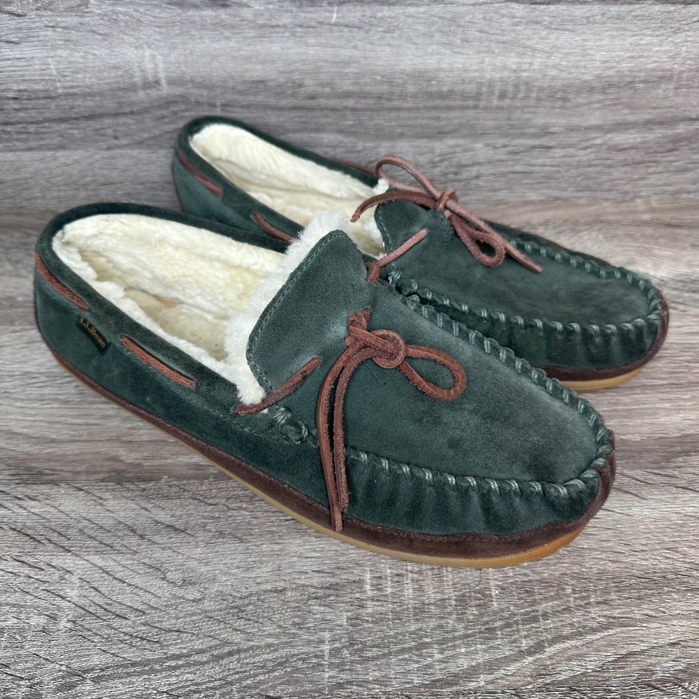 LL Bean Wicked Good Slipper Shoes Moccasins Mens 11 Green Suede Shearling READ